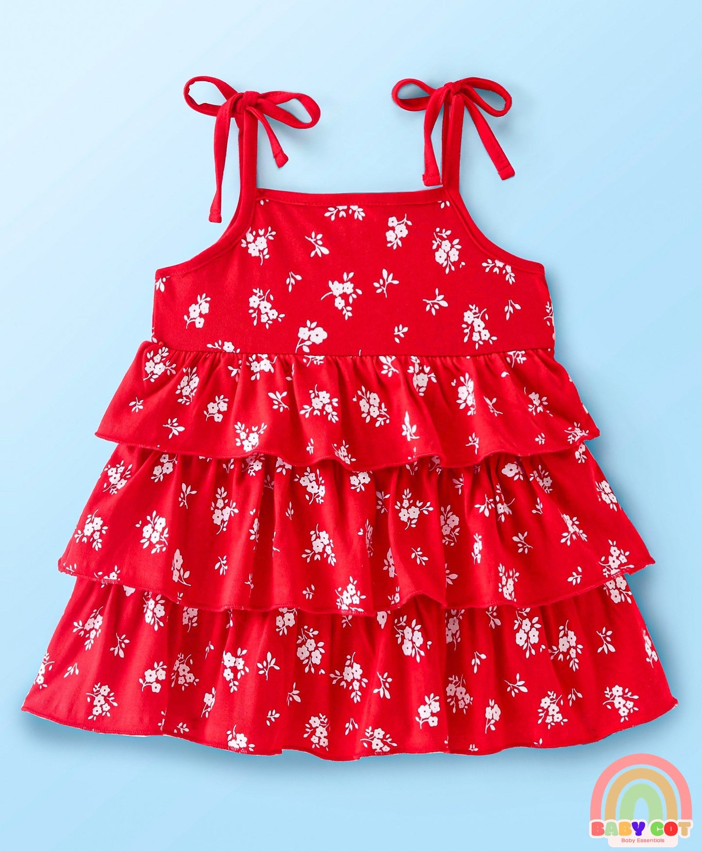 Single Jersey Knit Frill Sleeves T-Shirt With Layered Frock Floral Print - White & Red