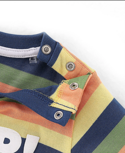 100% Cotton Knit Full Sleeves T-Shirt & Lounge Pants With Text Print & Striped - Blue & Green