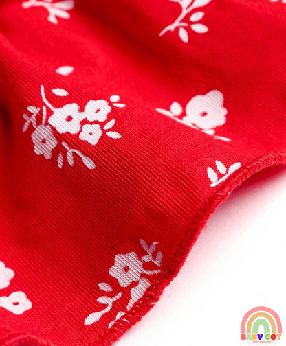 Single Jersey Knit Frill Sleeves T-Shirt With Layered Frock Floral Print - White & Red
