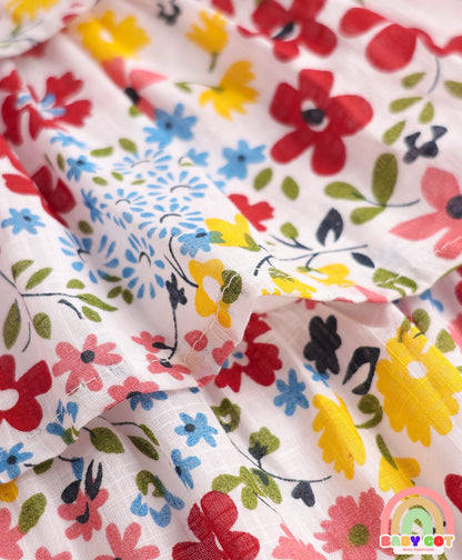 Cotton Knit Half Sleeves Shrug With Floral Printed Layered Frock with Bow Applique - Red