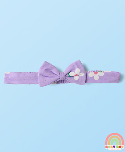 Cotton Knit Half Sleeves T-Shirt & Frock With Floral Print & Bow Applique - Purple