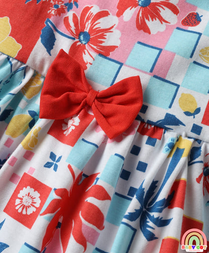 Cotton Knit Full Sleeves Shrug & Frock with Floral Print & Bow Applique - Blue & Pink