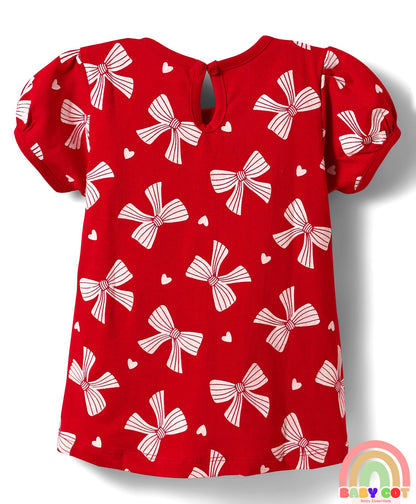 Cotton Knit Half Puffed Sleeves T-Shirts with Bow & Heart Print Pack of 3 - Red White & Navy Blue