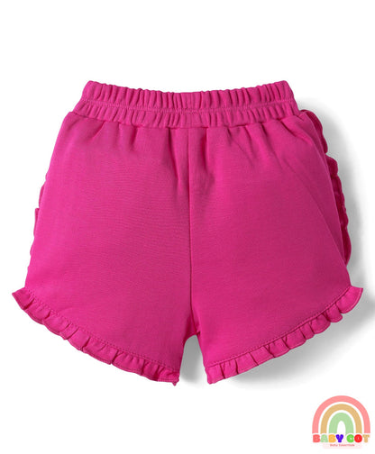 100% Cotton Interlock Knit Shorts with Eco Jiva Finish Floral Print & Bow Applique Pack of 3 - Dark Pink Yellow & Lavender