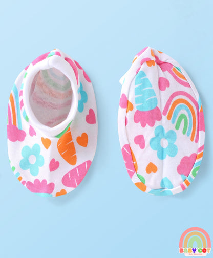 100% Cotton Interlock Knit Sleeveless Onesie with Hair Band Booties & Mittens with Floral & Tropical Print - White & Pink