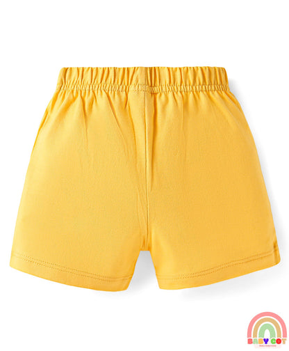 Cotton Knit Mid Thigh Strawberry & Floral Printed Shorts with Bow Applique Pack of 3 - Pink & Yellow