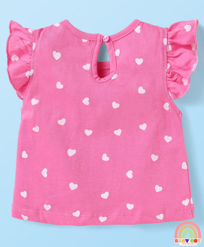 Cotton Knit Frill Sleeves T-Shirts With Floral & Heart Print Pack Of 3 - Orange & Dark Pink