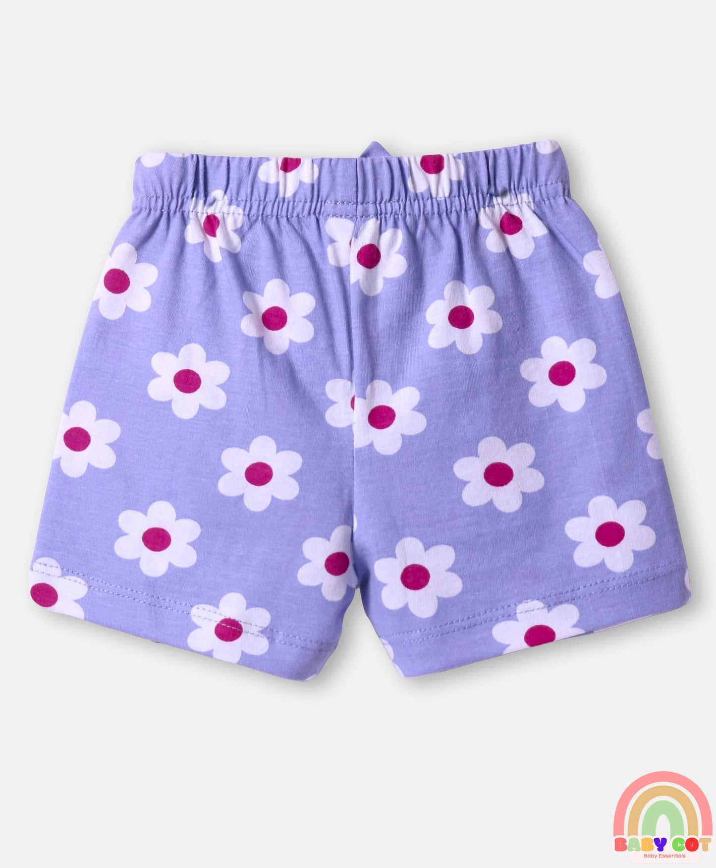 Cotton Knit Mid Thigh Length Shorts with Floral & Smiley Print & Bow Applique Pack of 3 - White Green & Lavender