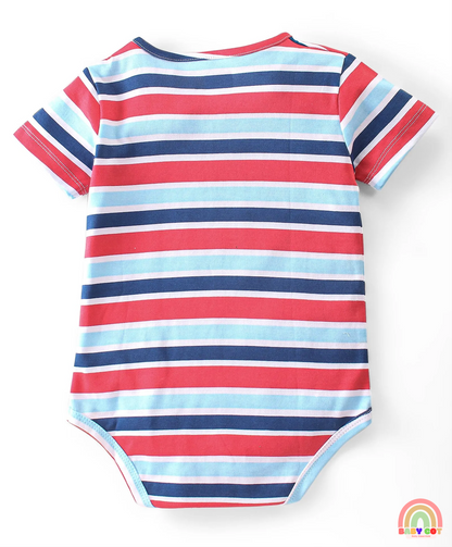 100% Cotton Knit Half Sleeves Striped & Bear Printed Onesies Pack of 3 - Multicolour