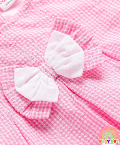 Cotton Woven Frill Sleeves Floral Embroidered & Lace Detailing Frock With Bloomer & Headband - Pink