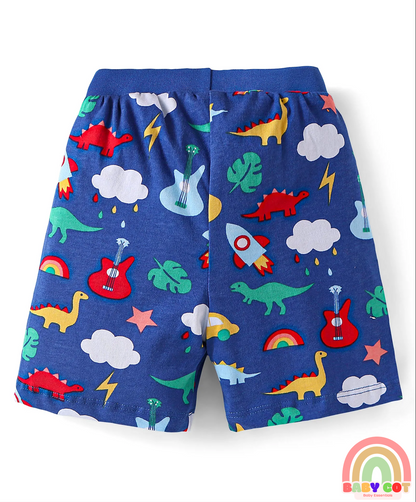 Cotton Knit Shorts with Stars Print & Stripes Pack of 3 - Yellow Red & Navy Blue