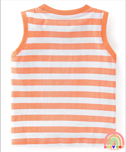 100% Cotton Knit Sleeveless T-Shirt With Striped & Jungle Theme Graphics Pack Of 3 - Orange Green & Blue