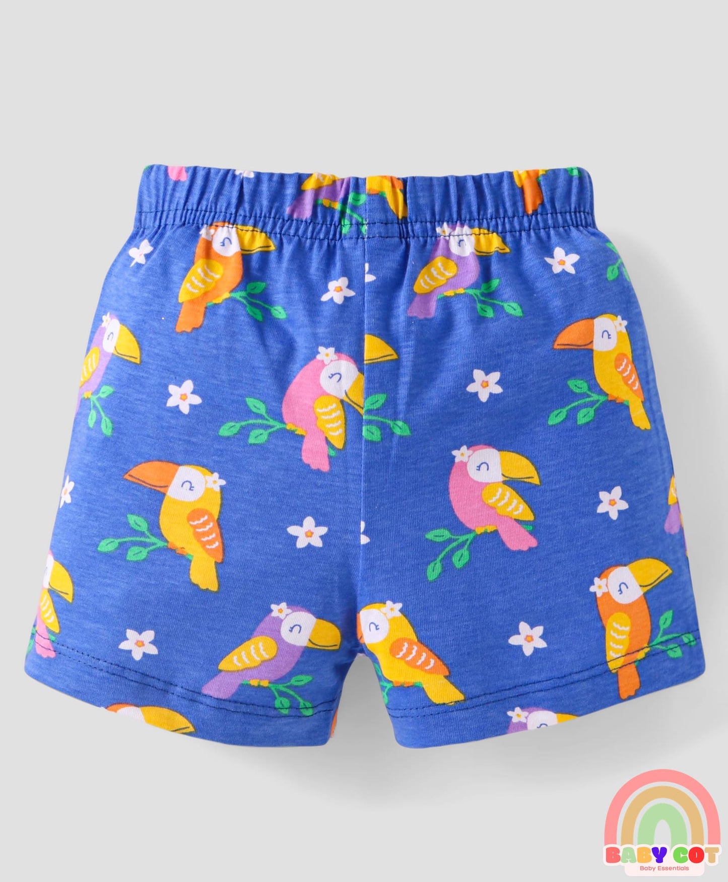 Cotton Knit Mid Thigh Shorts With Polka Dots & Birds Print with Bow Applique Pack of 3 - Blue Pink & Orange