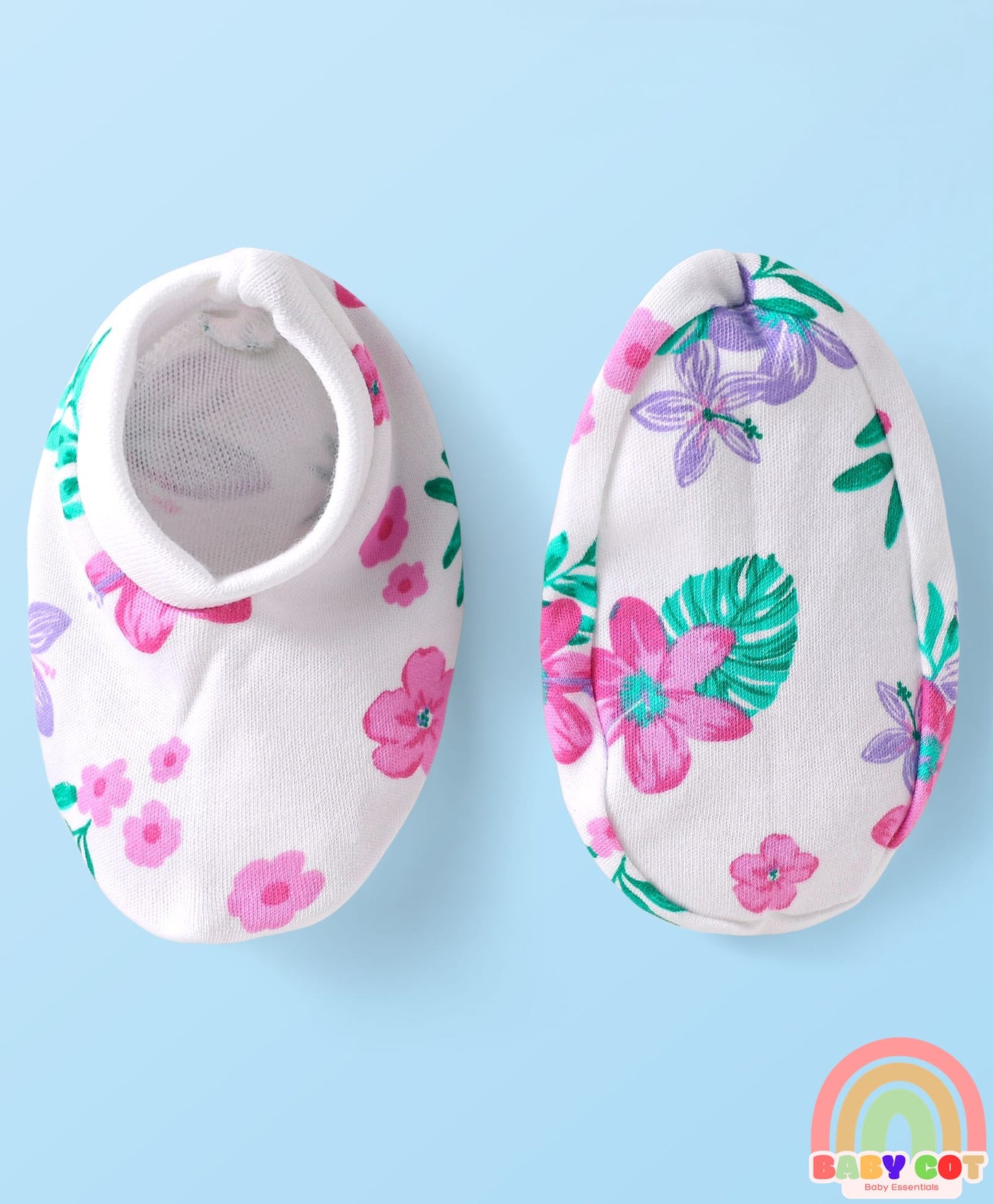 100% Cotton Knit Half Sleeves Floral Printed Onesie with Hairband & Mittens Booties - White