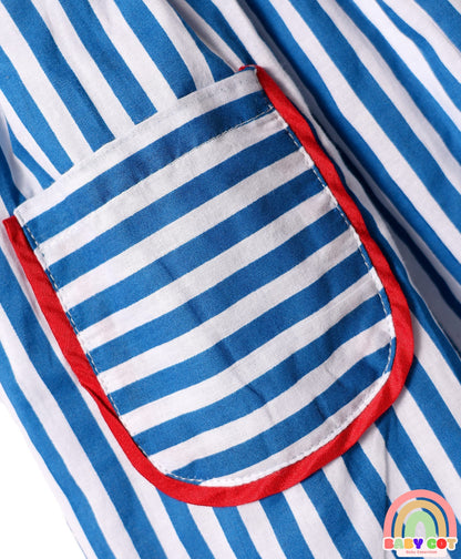 Single Jersey Knit Collar Neck Sleeveless Striped Frock With Bloomers & Belt - Blue