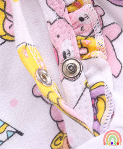 100% Cotton Knit Full Sleeves Rompers with Polka Dots & Bear Print Pack of 2 - Pink & White
