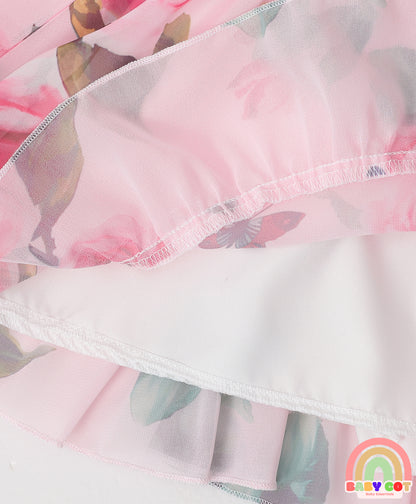 Cold Shoulder Sleeves Frock with Floral Print & Frill Detailing - Pink