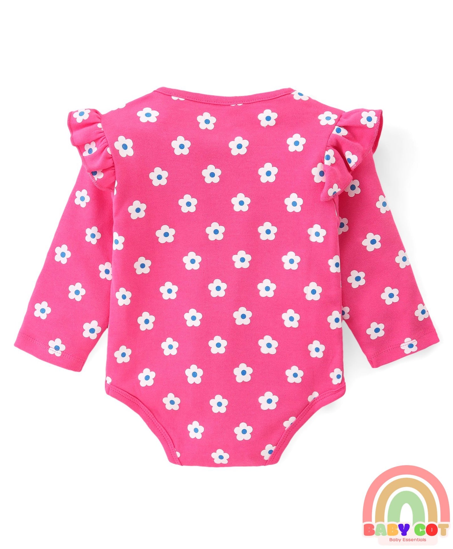100% Cotton Knit Full Sleeves Onesies with Polka Dots Floral Print & Frill Detailing Pack of 3 - Yellow Pink & White