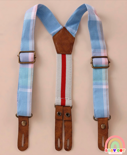 100% Cotton Knit Half Sleeves Printed Polo T-Shirt & Woven Cotton Checkered Shorts With Bow & Suspender - White & Blue