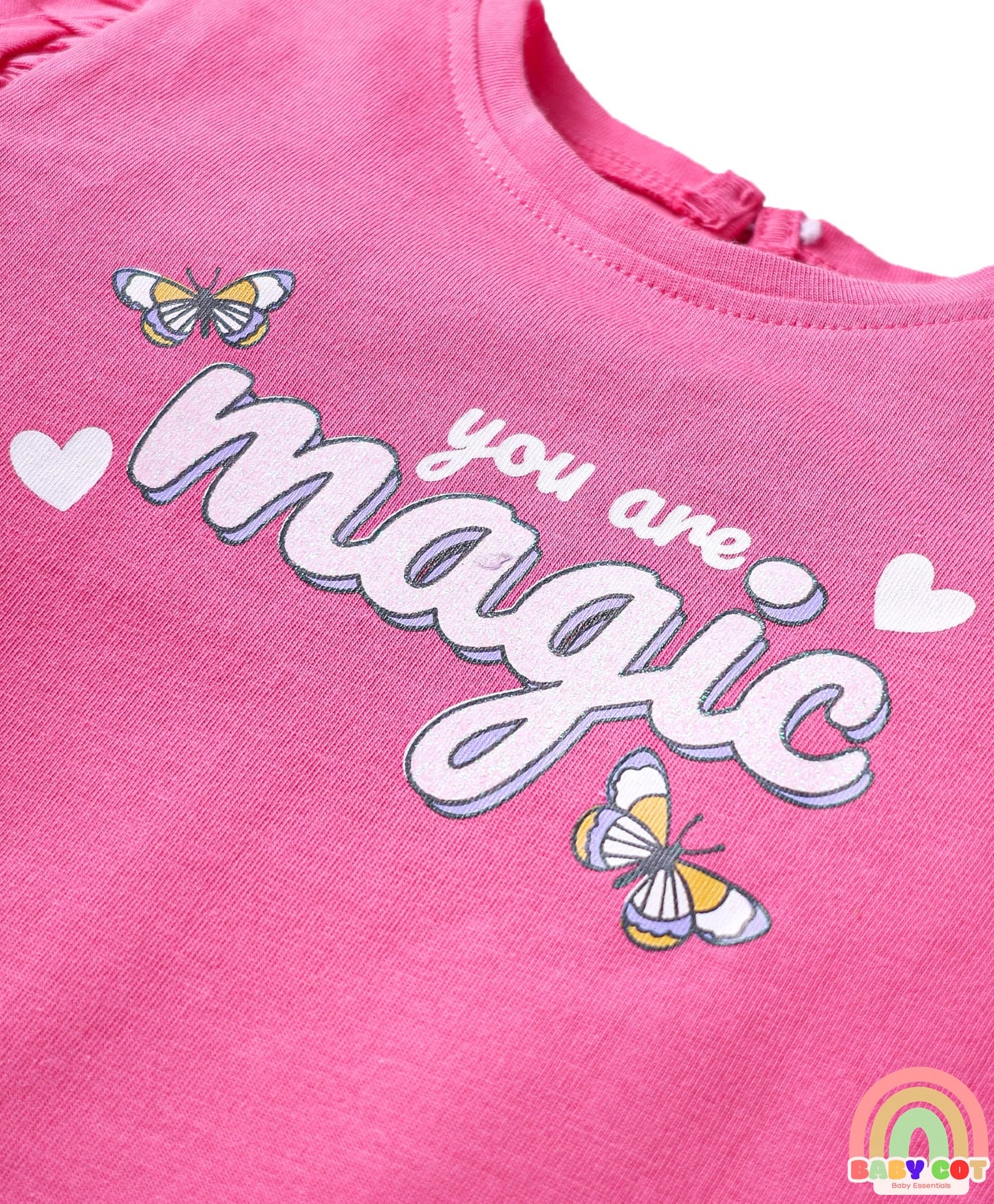 Cotton Knit Full Sleeves T-Shirts With Heart & Butterfly Print Pack Of 3 - Pink & Purple