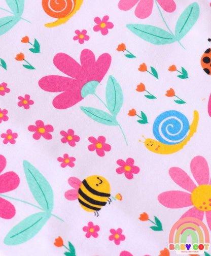 100% Cotton Knit Full Sleeves Onesies with Polka Dots Floral Print & Frill Detailing Pack of 3 - Yellow Pink & White