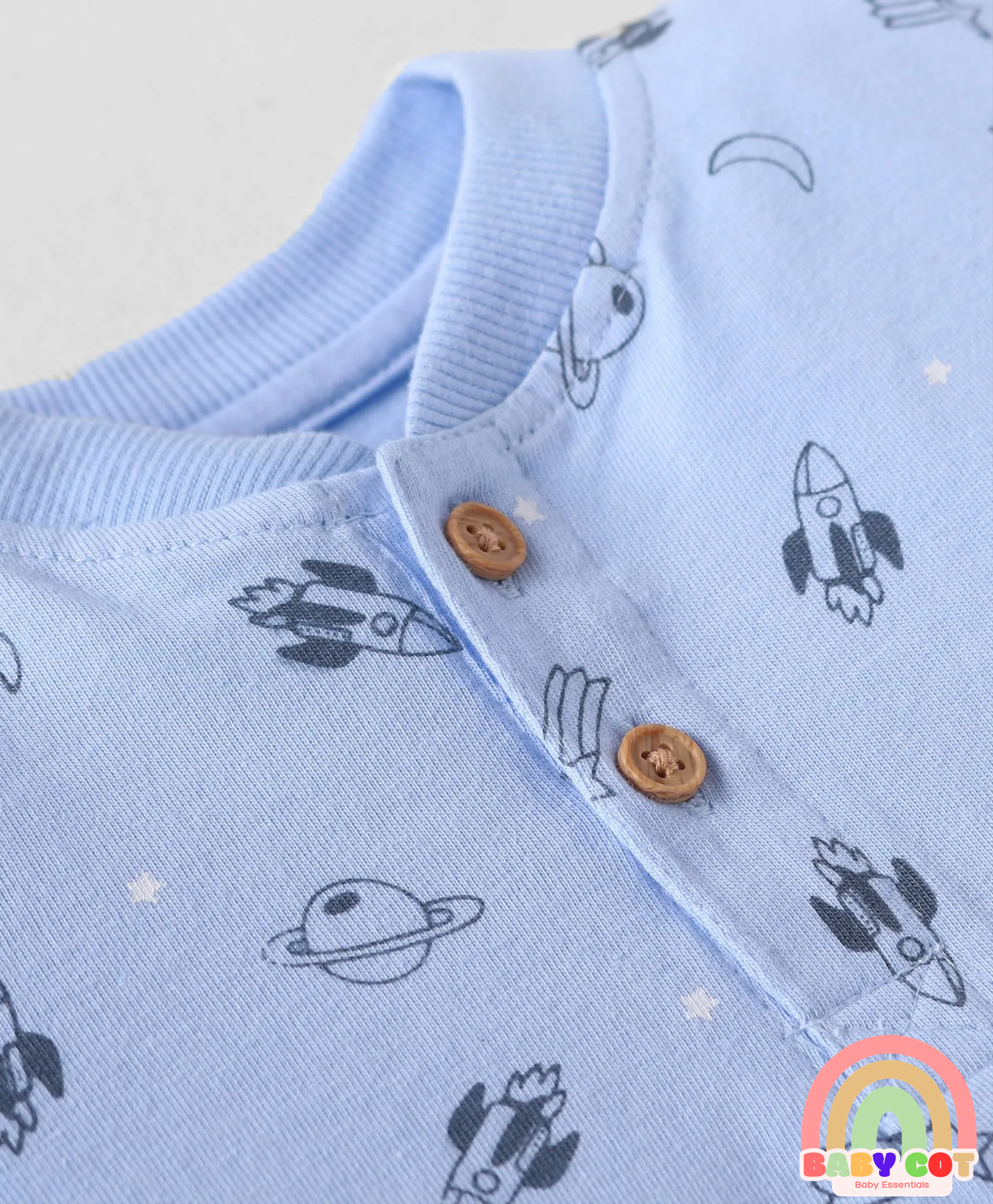 Interlock Knit Half Sleeves Rompers with Nautical & Space Theme Print Pack of 3 - Light Blue & Peach