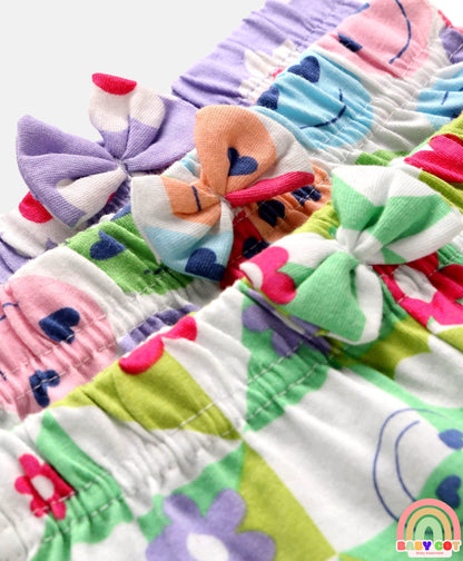 Cotton Knit Mid Thigh Length Shorts with Floral & Smiley Print & Bow Applique Pack of 3 - White Green & Lavender