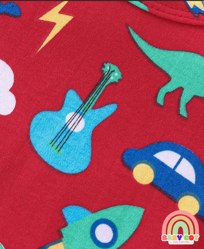 100% Cotton Knit Half Sleeves Onesies with Star & Dino Print Pack of 3 - Blue Yellow & Red