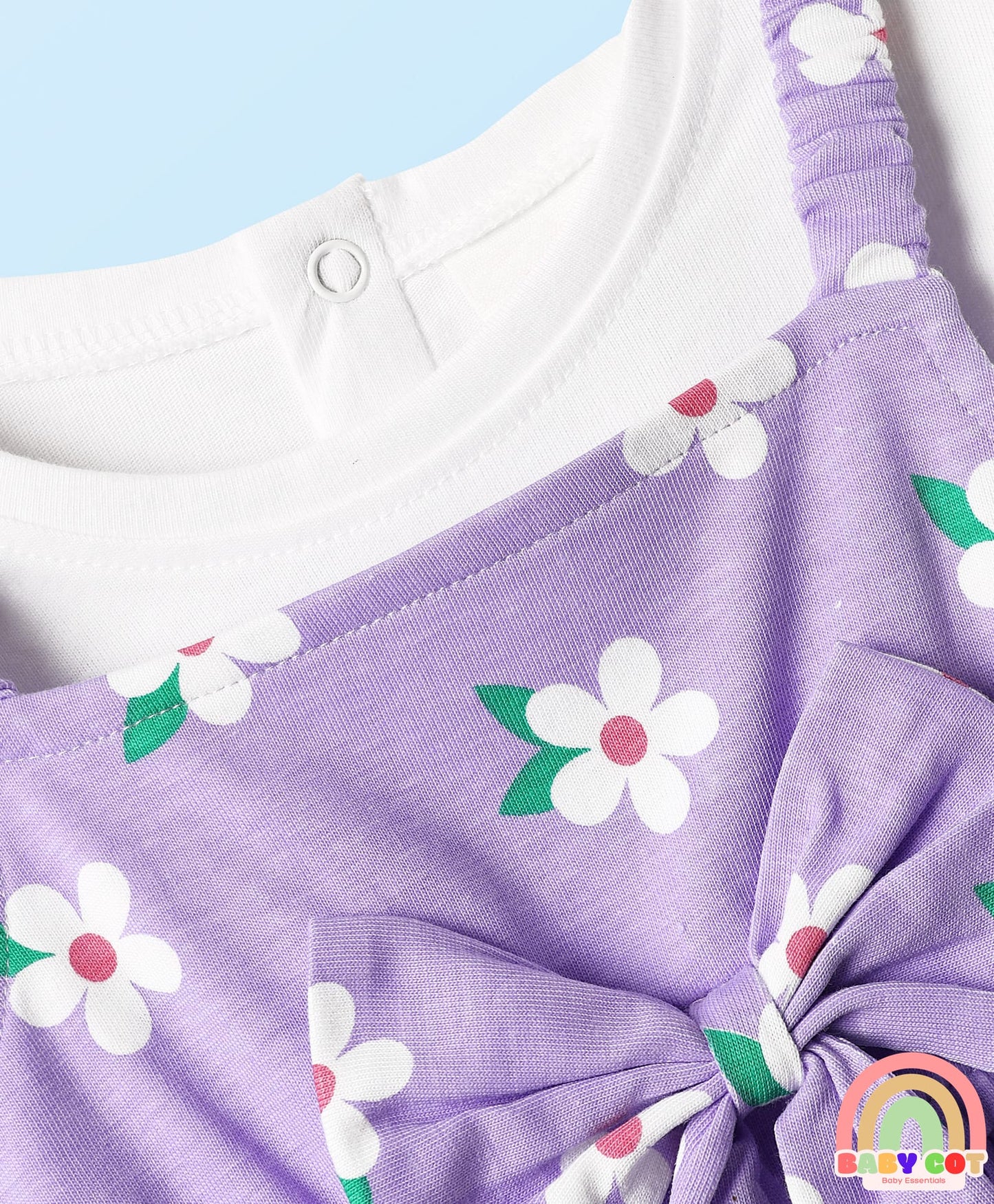 Cotton Knit Half Sleeves T-Shirt & Frock With Floral Print & Bow Applique - Purple