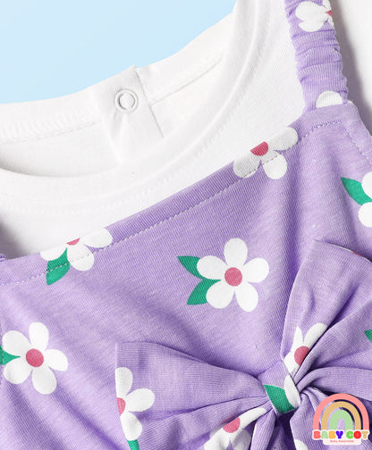 Cotton Knit Half Sleeves T-Shirt & Frock With Floral Print & Bow Applique - Purple