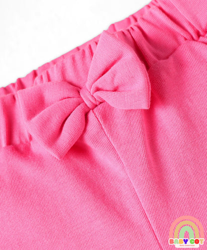 Cotton Knit Mid Thigh Lenght Shorts with Floral Print & Bow Applique Pack of 3 - Blue White & Dark Pink