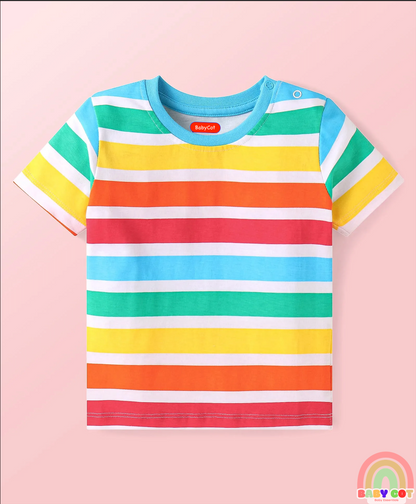 Cotton Knit Half Sleeves T-Shirts with Stripes & Star Print Pack of 5 - Blue Red & Yellow