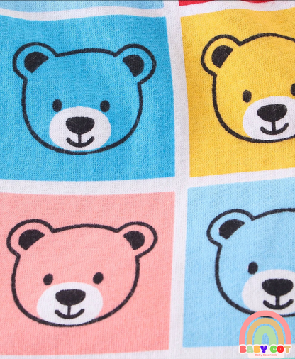 Cotton Knit Single Jersey Shorts With Stars & Teddy Bear Print Pack Of 3 - Yellow Blue & Red
