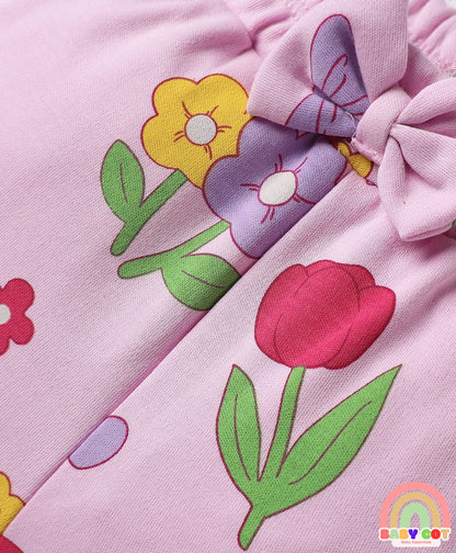 100% Cotton Interlock Knit Shorts with Eco Jiva Finish Floral Print & Bow Applique Pack of 3 - Dark Pink Yellow & Lavender