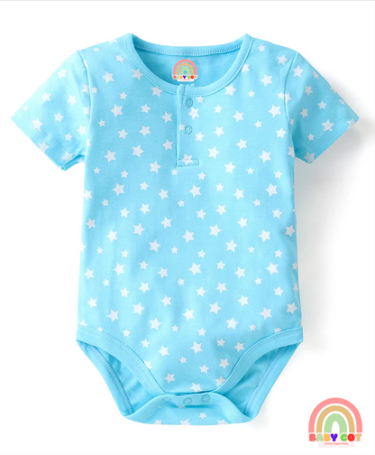 100% Cotton Knit Half Sleeves Onesies Stripes & Bear Print Pack Of 5 - Blue Yellow & White