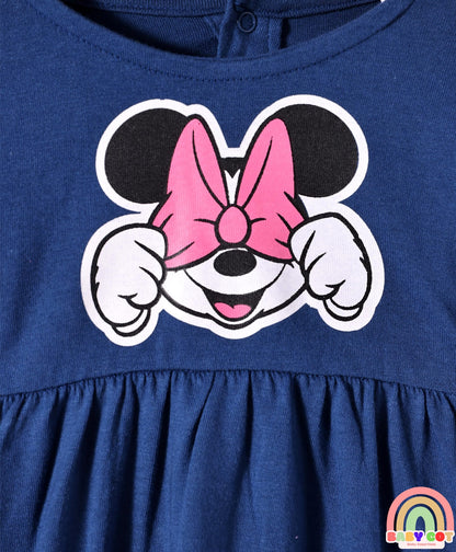 Single Jersey Knit Full Sleeves Frocks With Minnie Mouse Graphics & Frill Detailing Pack of 2 - Pink & Navy Blue