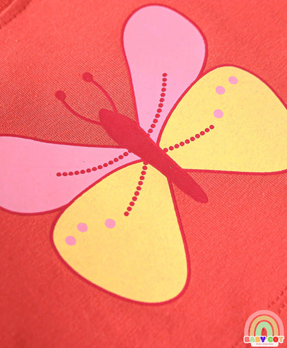 Full Sleeves Butterfly Printed T-Shirt & Lounge Pant Set With Inner Top - Red