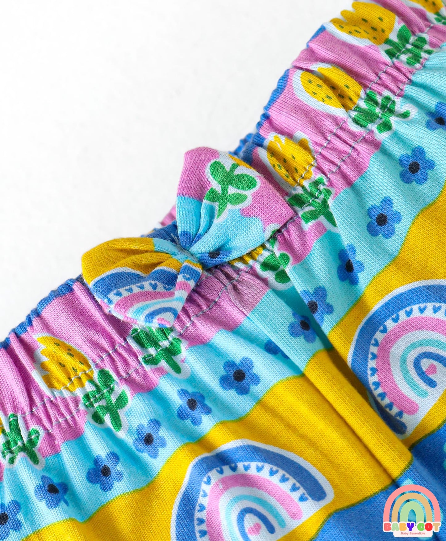 Cotton Single Jersey Knit Mid Thigh Polka Dots & Tropical Theme Printed Shorts with Bow Applique Pack of 3 - Pink Yellow & Blue