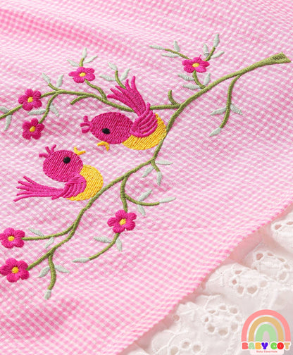 Cotton Woven Frill Sleeves Floral Embroidered & Lace Detailing Frock With Bloomer & Headband - Pink