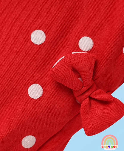 100% Cotton Knit Half Sleeves T-Shirt & Onesies with Hairband With Polka Dots - Red