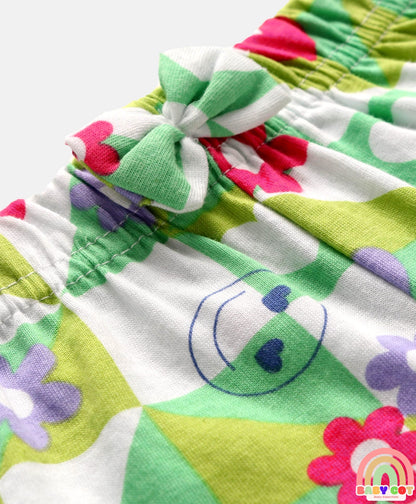 Cotton Knit Mid Thigh Length Shorts with Floral & Smiley Print & Bow Applique Pack of 3 - White Green & Lavender