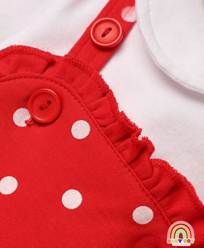 100% Cotton Knit Half Sleeves T-Shirt & Onesies with Hairband With Polka Dots - Red
