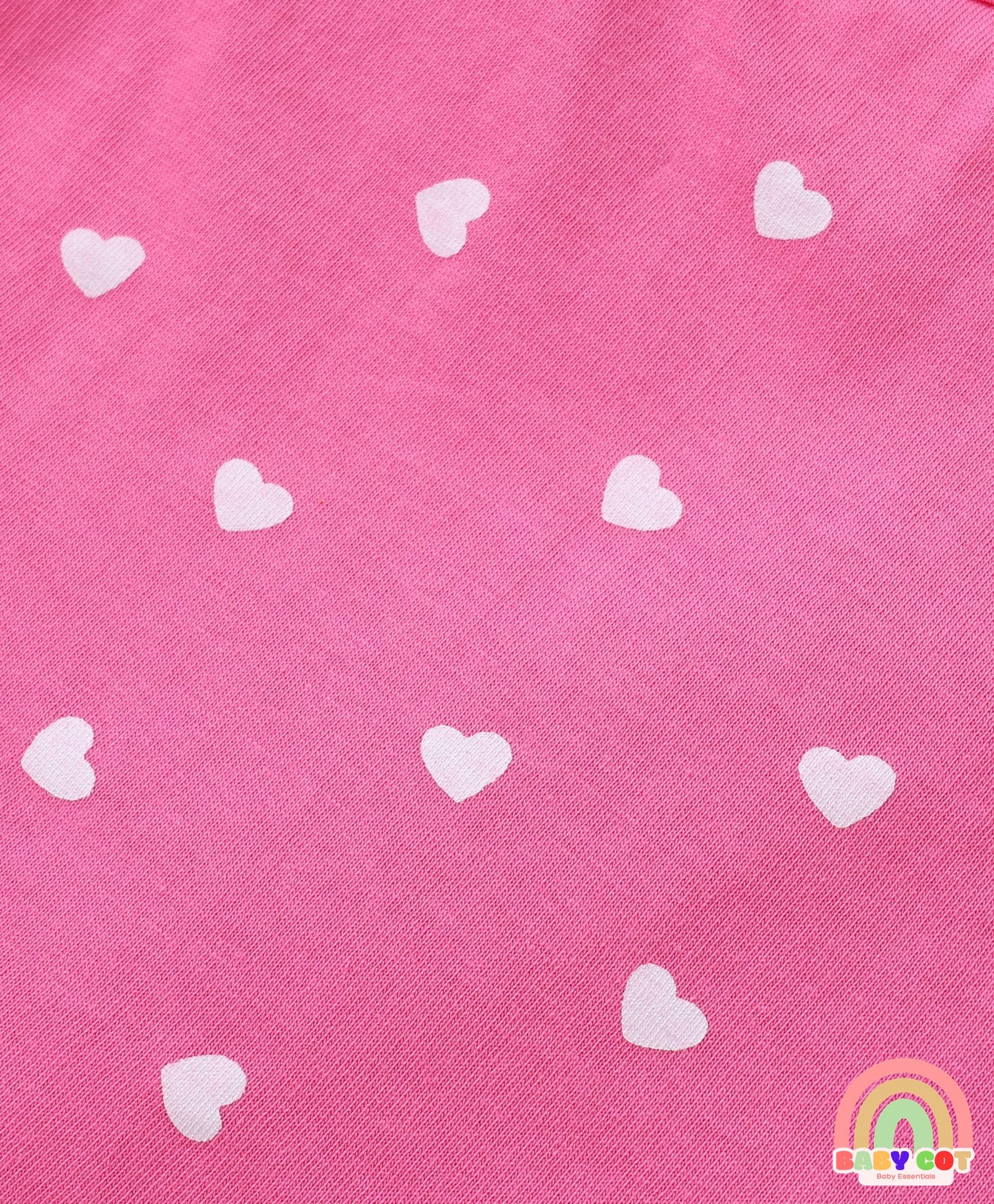 Cotton Knit Frill Sleeves T-Shirts With Floral & Heart Print Pack Of 3 - Orange & Dark Pink