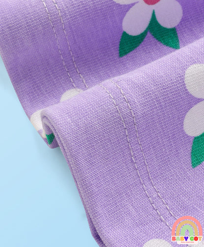 Cotton Knit Half Sleeves T-Shirt & Frock With Floral Print & Bow Applique - Purple