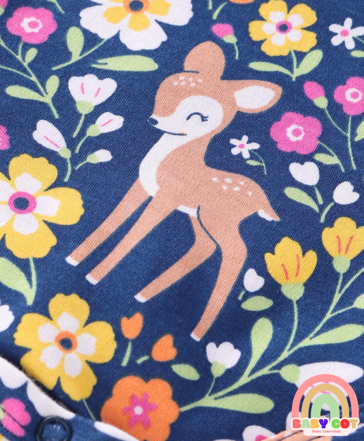 100% Cotton Knit Frill Sleeves Floral & Animal Printed Onesies Pack of 3 - Dark Pink Navy & Orange