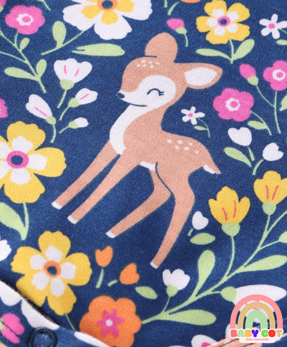 100% Cotton Knit Frill Sleeves Floral & Animal Printed Onesies Pack of 3 - Dark Pink Navy & Orange