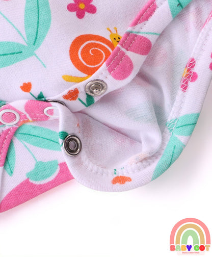 100% Cotton Knit Full Sleeves Onesies with Polka Dots Floral Print & Frill Detailing Pack of 3 - Yellow Pink & White