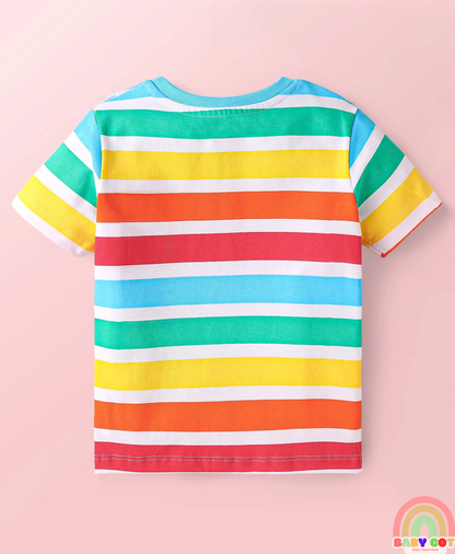 Cotton Knit Half Sleeves T-Shirts with Stripes & Star Print Pack of 5 - Blue Red & Yellow