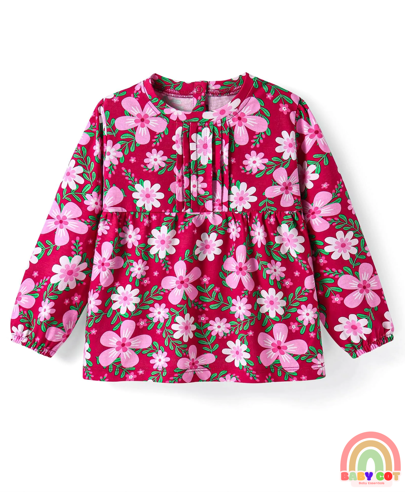Cotton Knit Full Sleeves Foral Printed Top - Dark Pink