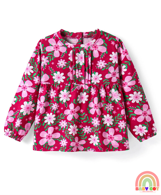 Cotton Knit Full Sleeves Foral Printed Top - Dark Pink